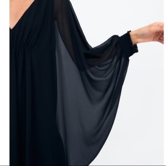 Zara Black V-Neck Cape Style Gathered Flowy Dress - Picture 6 of 14